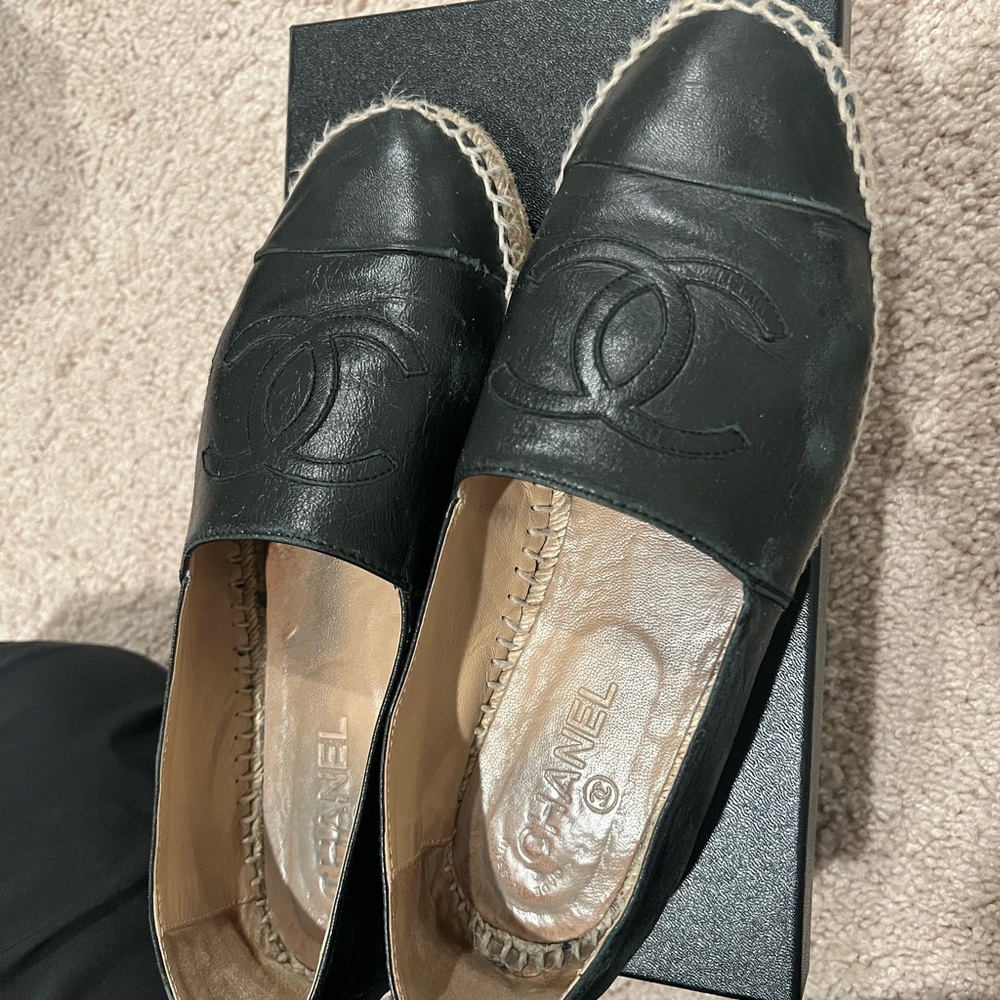 Chanel Black Leather Espadrilles with Iconic CC Logo